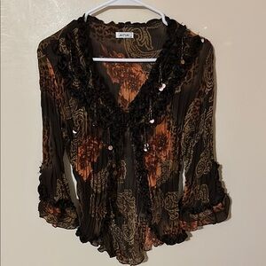 Jaipur Women's Sequin Beaded Ruffle Button Down Blouse/Top Y2K Boho Retro SZ S